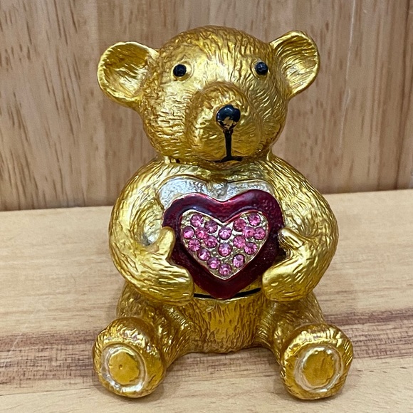 Objet d Art Form Work of Art Gold Bear Holding a Heart Rhinestone Enamel Trinket - Picture 8 of 12